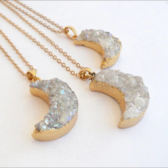 Gold Crescent Moon Druzy Pendant Geode Necklace - Picture 6 of 8